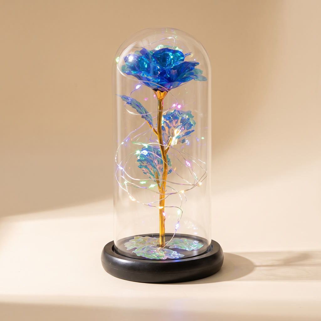 Light-Up Rose in Glass Dome — Blue