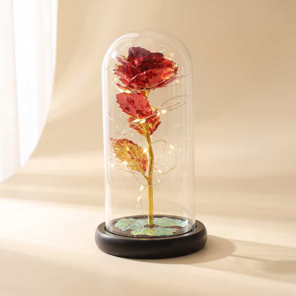 Light-Up Rose in Glass Dome — Red