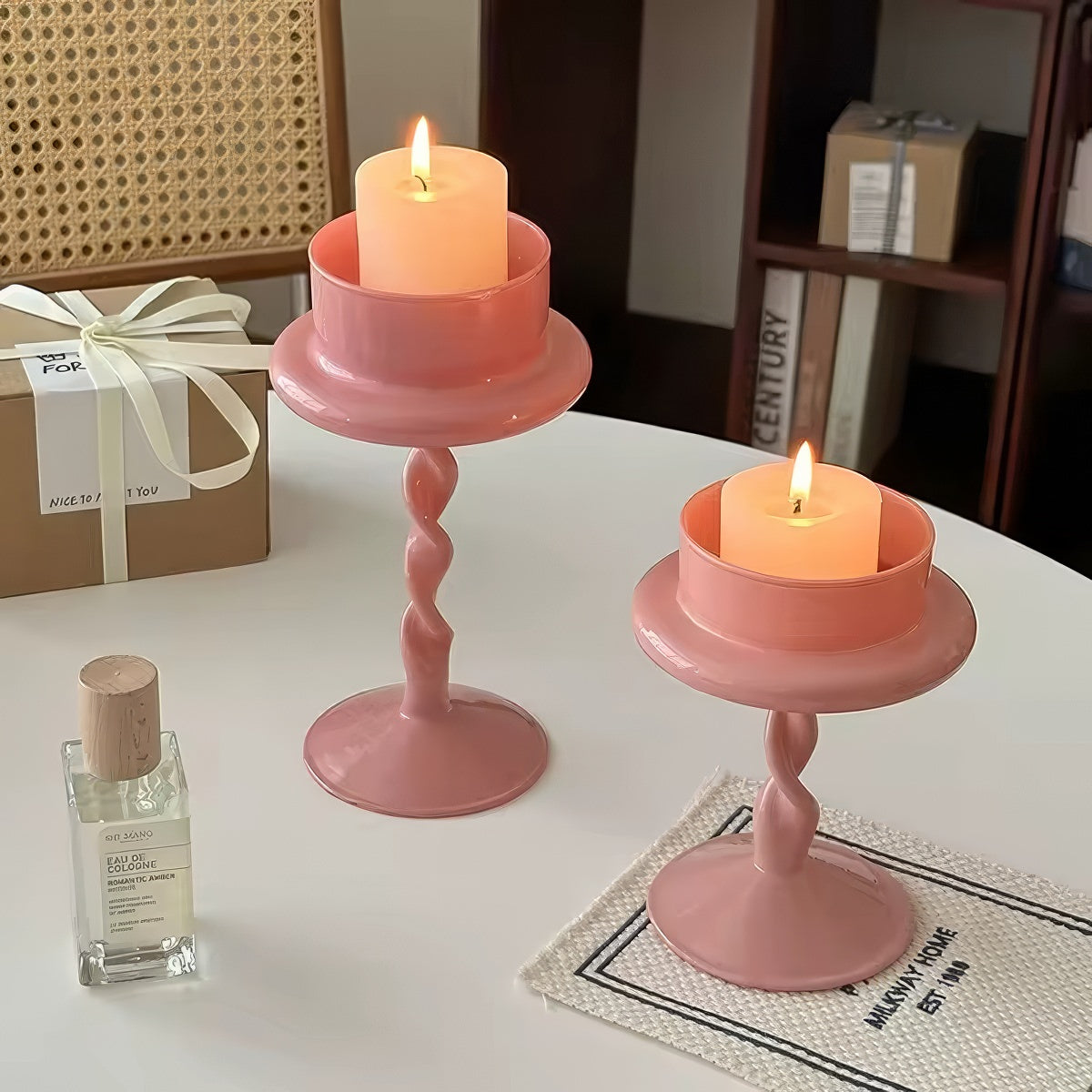 Pink Swirl Glass Candle Holder