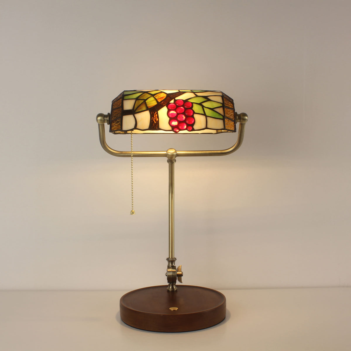 Cordless Tiffany-Style Banker Desk Lamp with Grape Stained Glass Shade