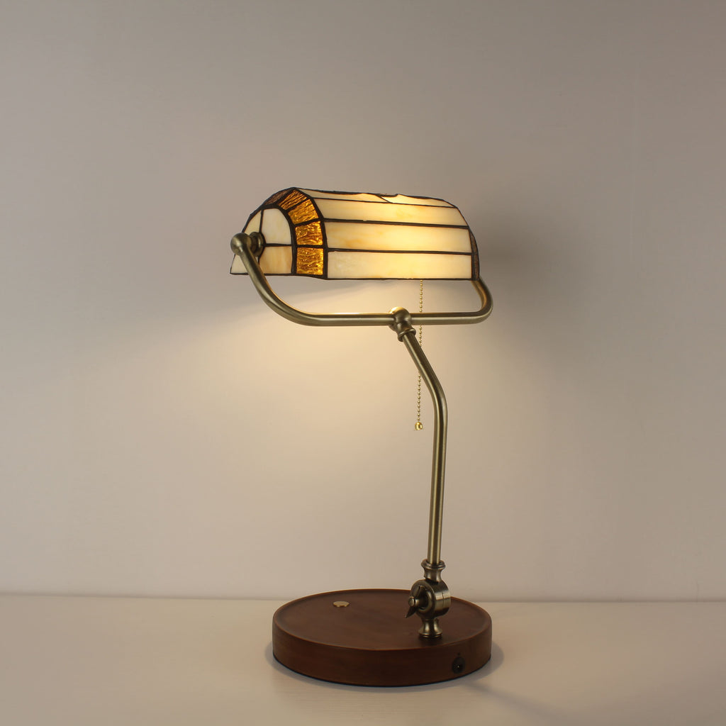 Cordless Tiffany-Style Banker Desk Lamp with Grape Stained Glass Shade