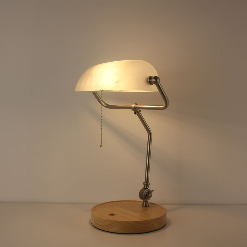 Cordless White Banker Desk Lamp with Wooden Tray Base