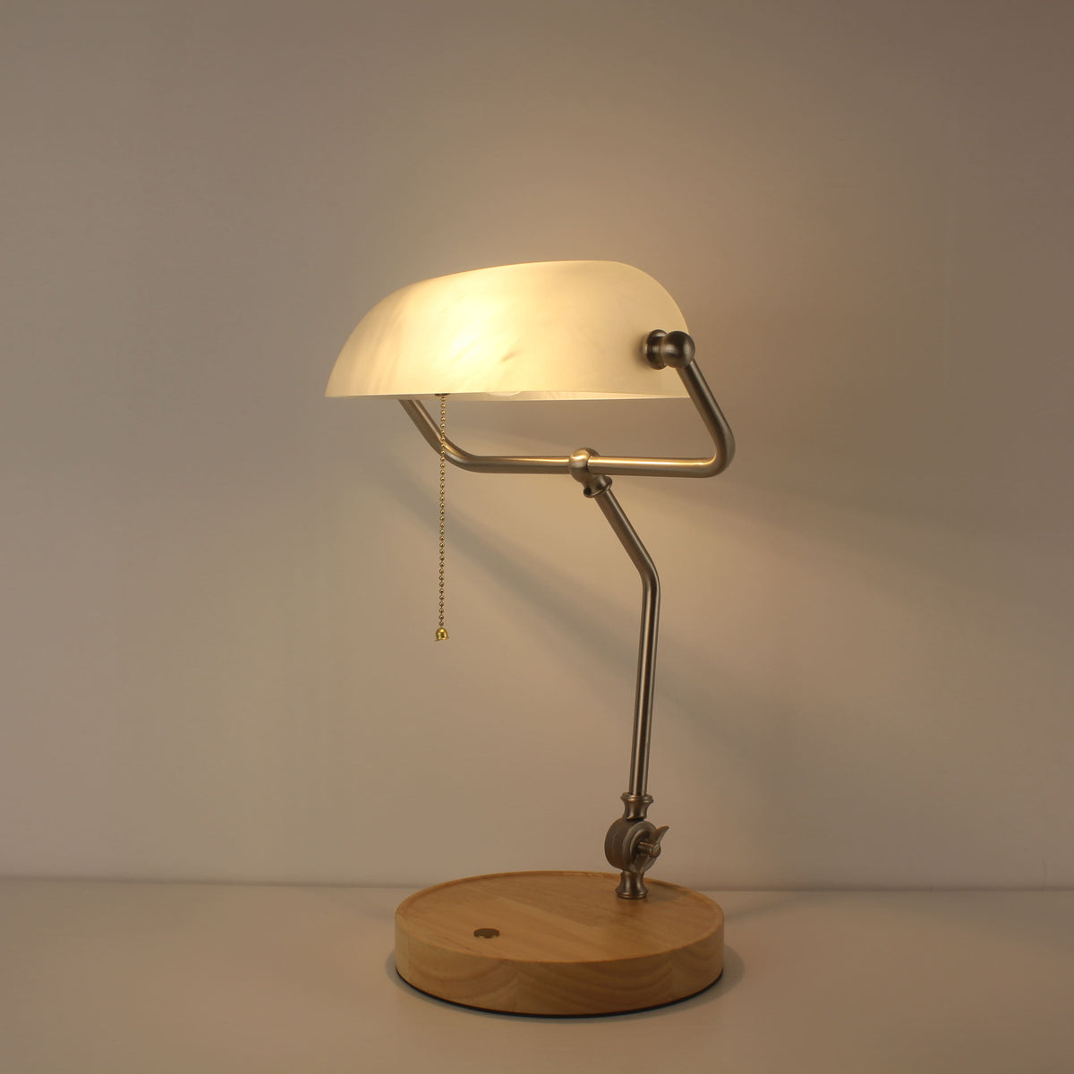 Cordless White Banker Desk Lamp with Wooden Tray Base