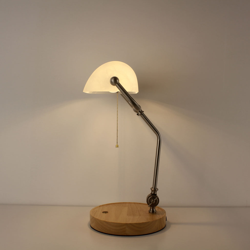 Cordless White Banker Desk Lamp with Wooden Tray Base