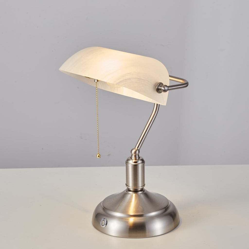 Cordless Banker Desk Lamp with White Glass Shade - Brushed Nickel