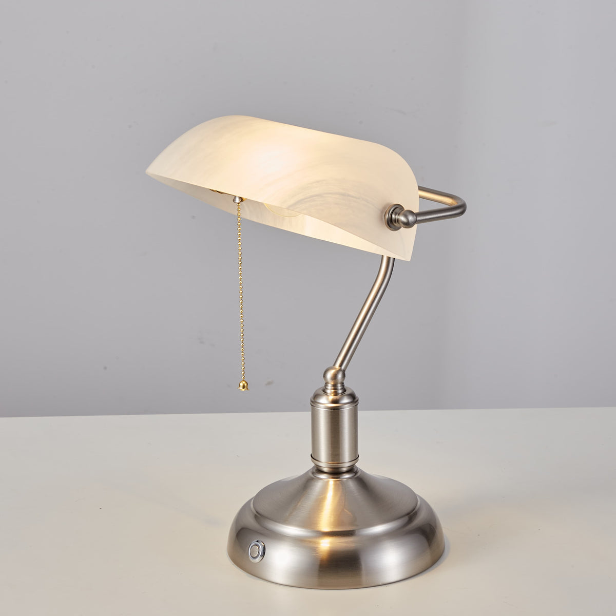 Cordless Banker Desk Lamp with White Glass Shade - Brushed Nickel