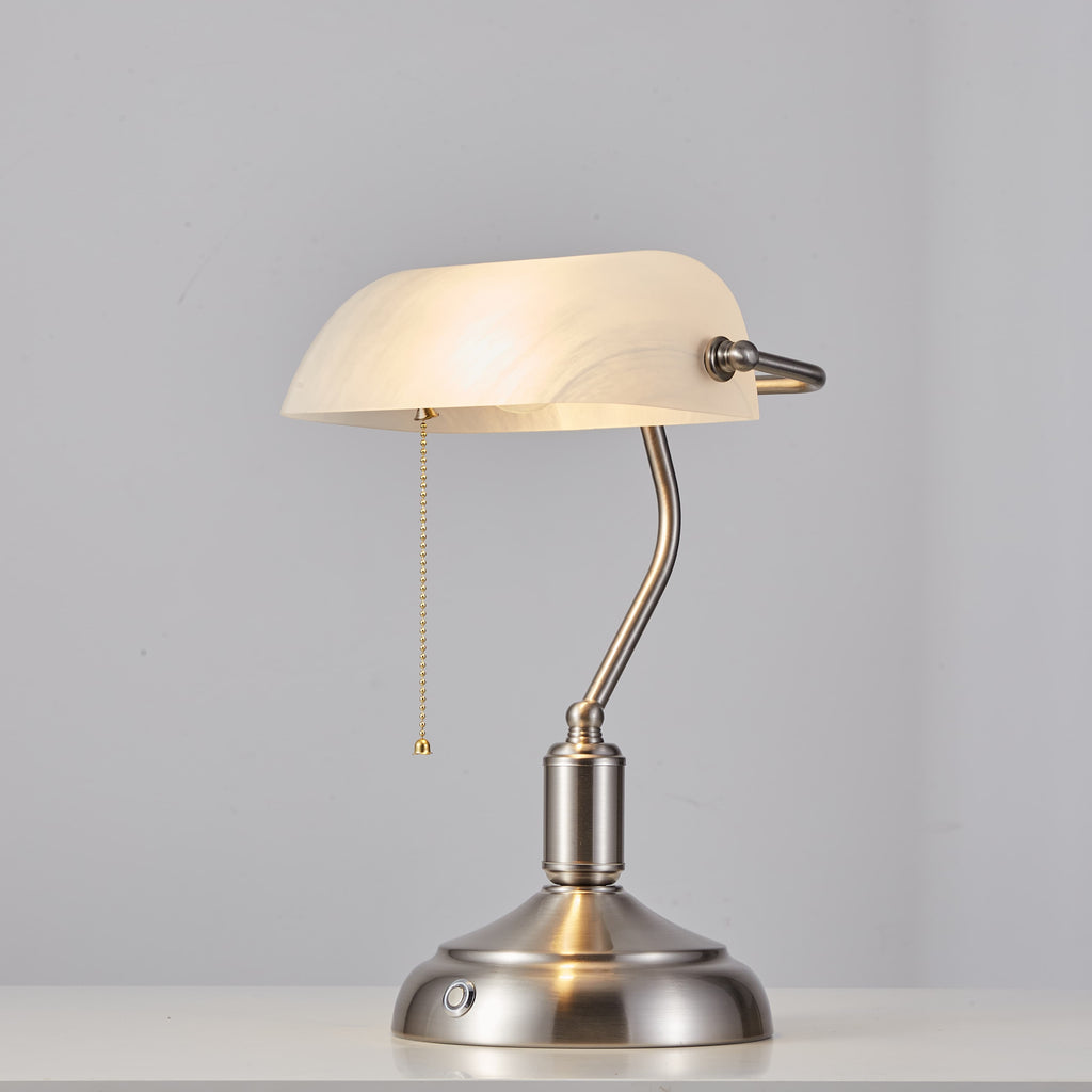 Cordless Banker Desk Lamp with White Glass Shade - Brushed Nickel