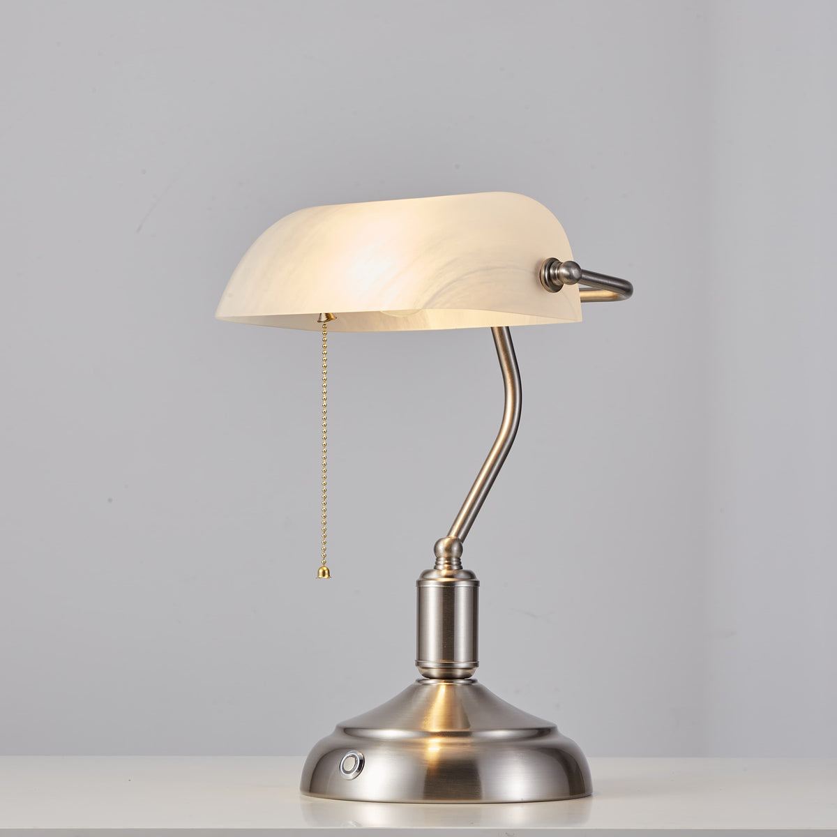 Cordless Banker Desk Lamp with White Glass Shade - Brushed Nickel