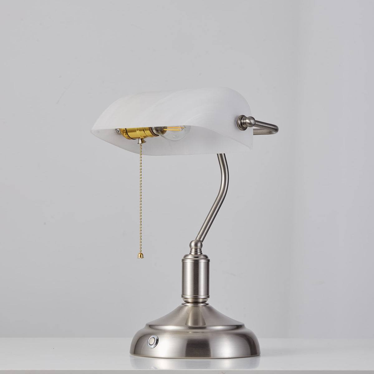 Cordless Banker Desk Lamp with White Glass Shade - Brushed Nickel