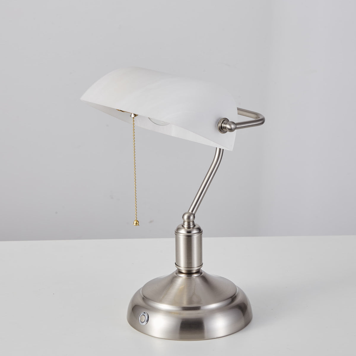 Cordless Banker Desk Lamp with White Glass Shade - Brushed Nickel