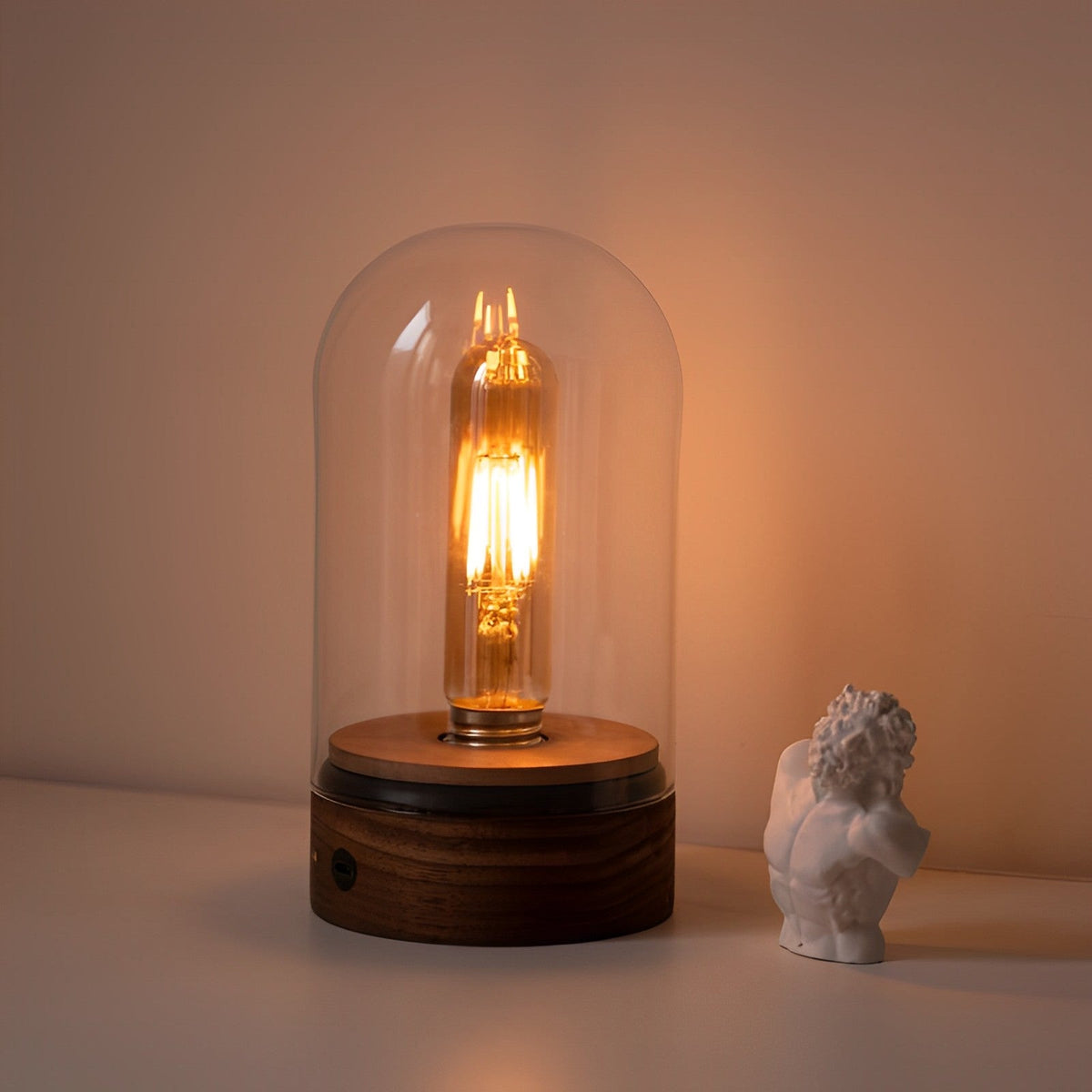Cordless Glass Cloche Edison Table Lamp with Walnut Base for Bar & Restaurant