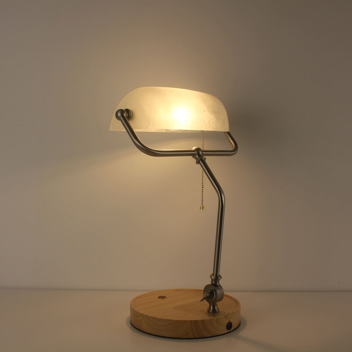 Cordless White Banker Desk Lamp with Wooden Tray Base