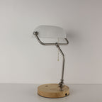 Cordless White Banker Desk Lamp with Wooden Tray Base