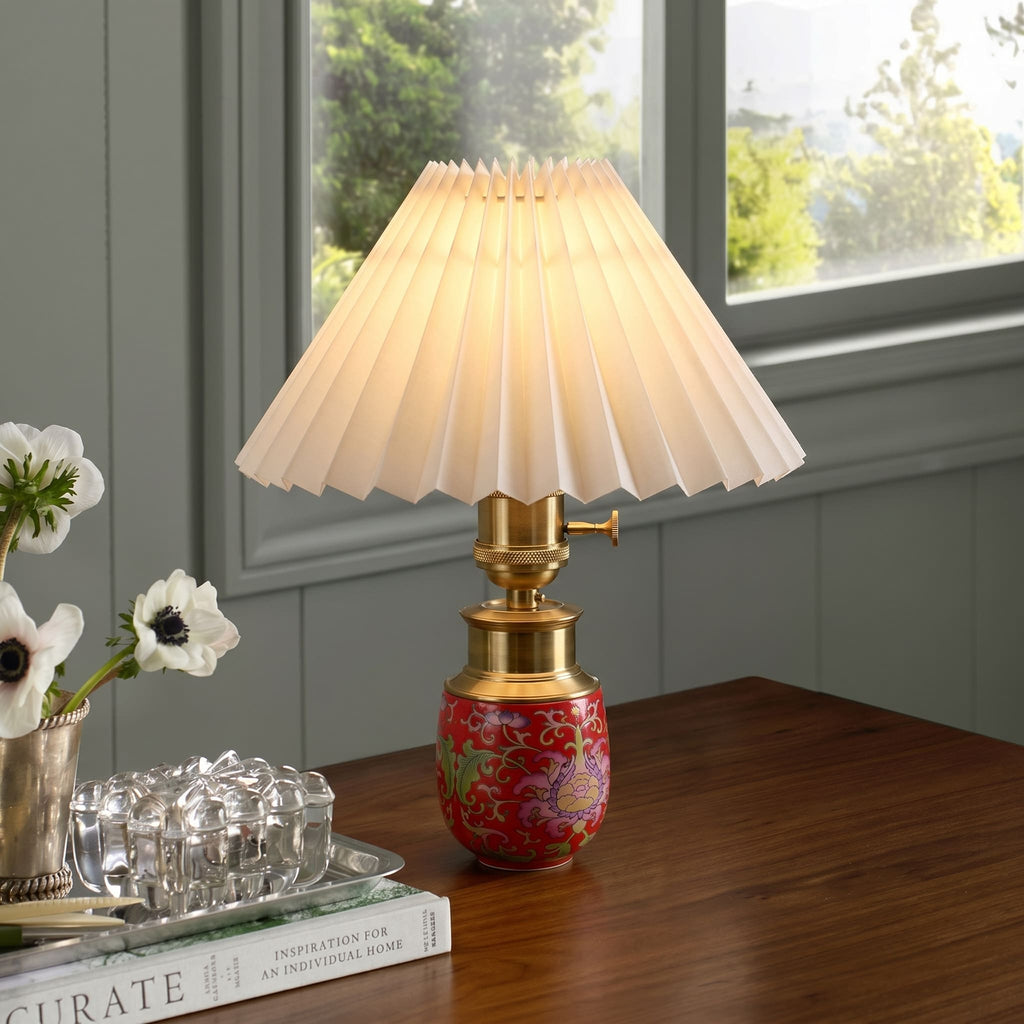 Chinoiserie Cordless Ceramic Table Lamp with Pleated Shade – Petite Accent Lamp