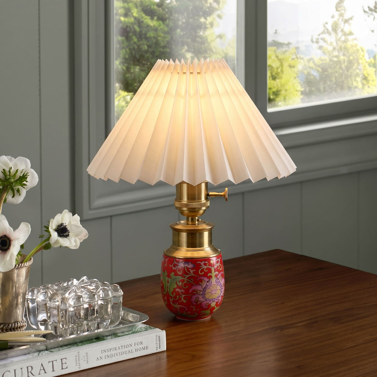 Chinoiserie Cordless Ceramic Table Lamp with Pleated Shade – Petite Accent Lamp