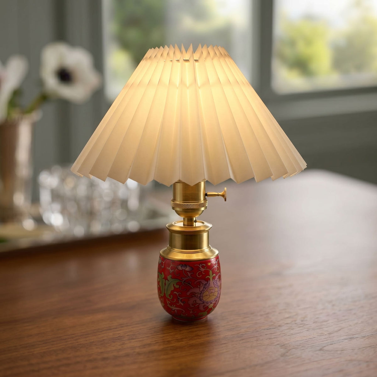 Chinoiserie Cordless Ceramic Table Lamp with Pleated Shade – Petite Accent Lamp