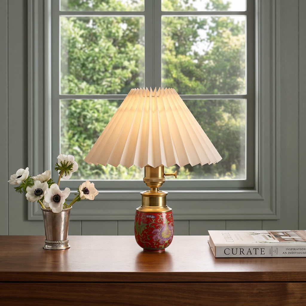 Chinoiserie Cordless Ceramic Table Lamp with Pleated Shade – Petite Accent Lamp