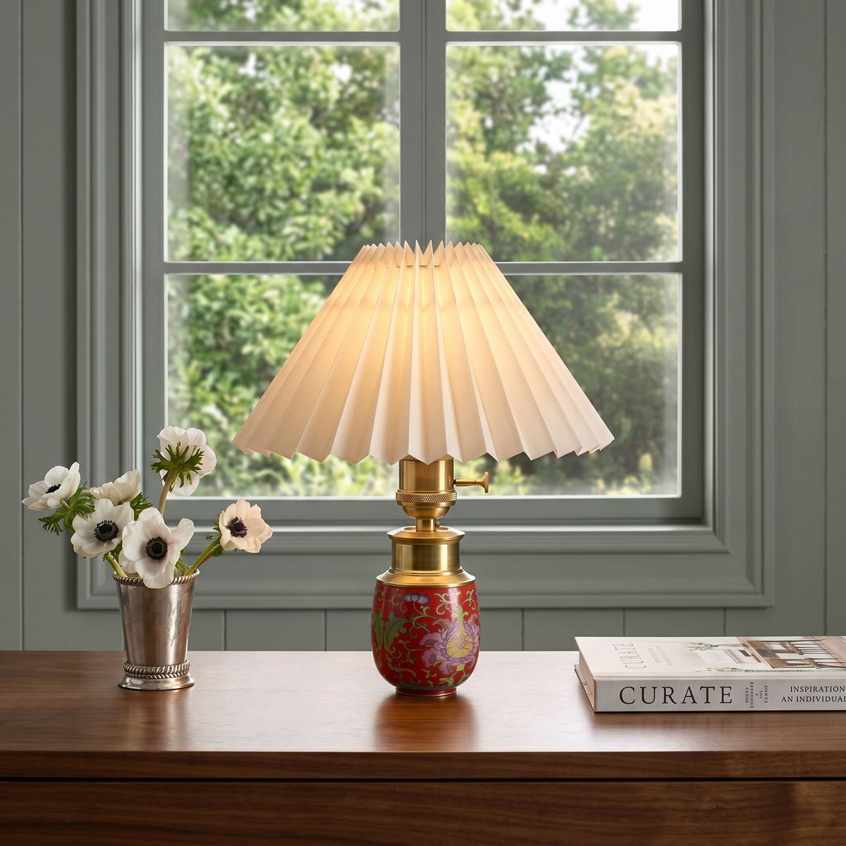 Chinoiserie Cordless Ceramic Table Lamp with Pleated Shade – Petite Accent Lamp