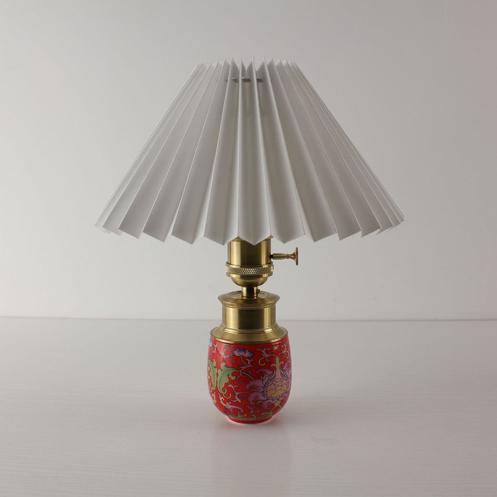Chinoiserie Cordless Ceramic Table Lamp with Pleated Shade – Petite Accent Lamp
