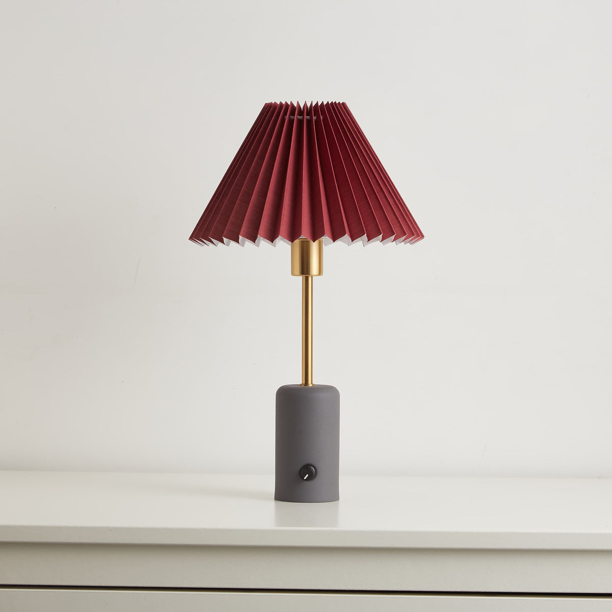 Small Cordless Table Lamp with Gray Base and Pleated Shade
