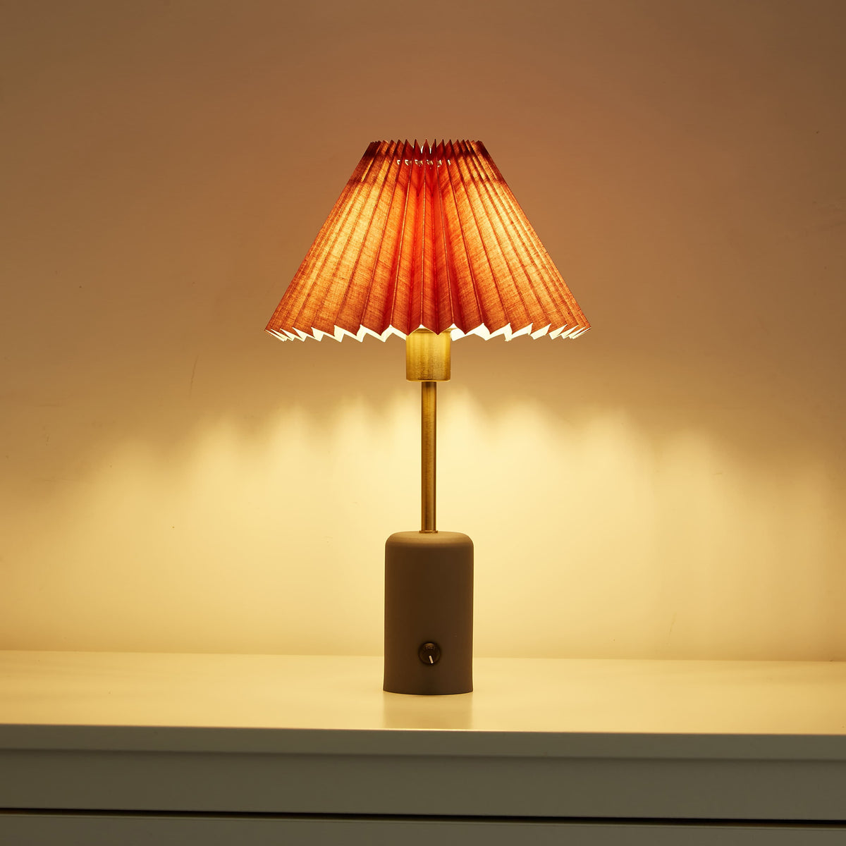 Small Cordless Table Lamp with Gray Base and Pleated Shade