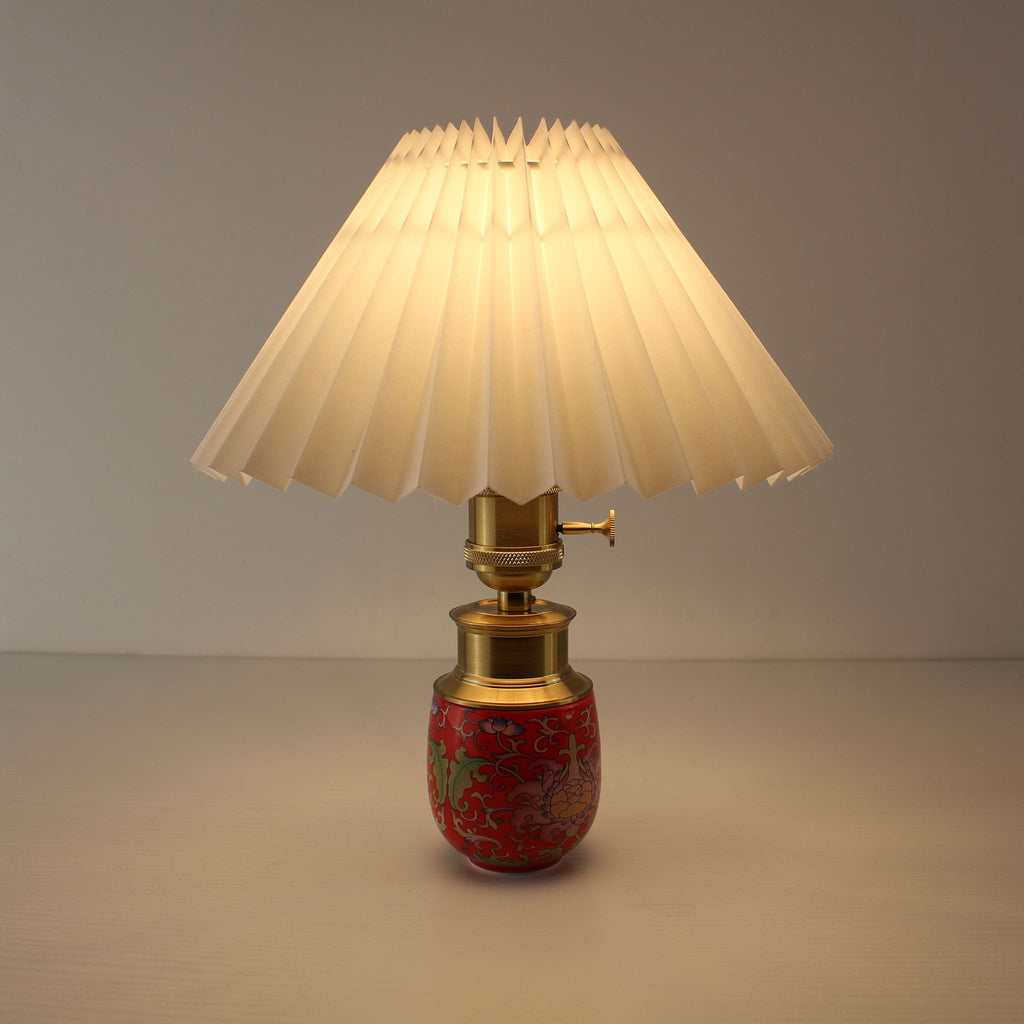 Chinoiserie Cordless Ceramic Table Lamp with Pleated Shade – Petite Accent Lamp