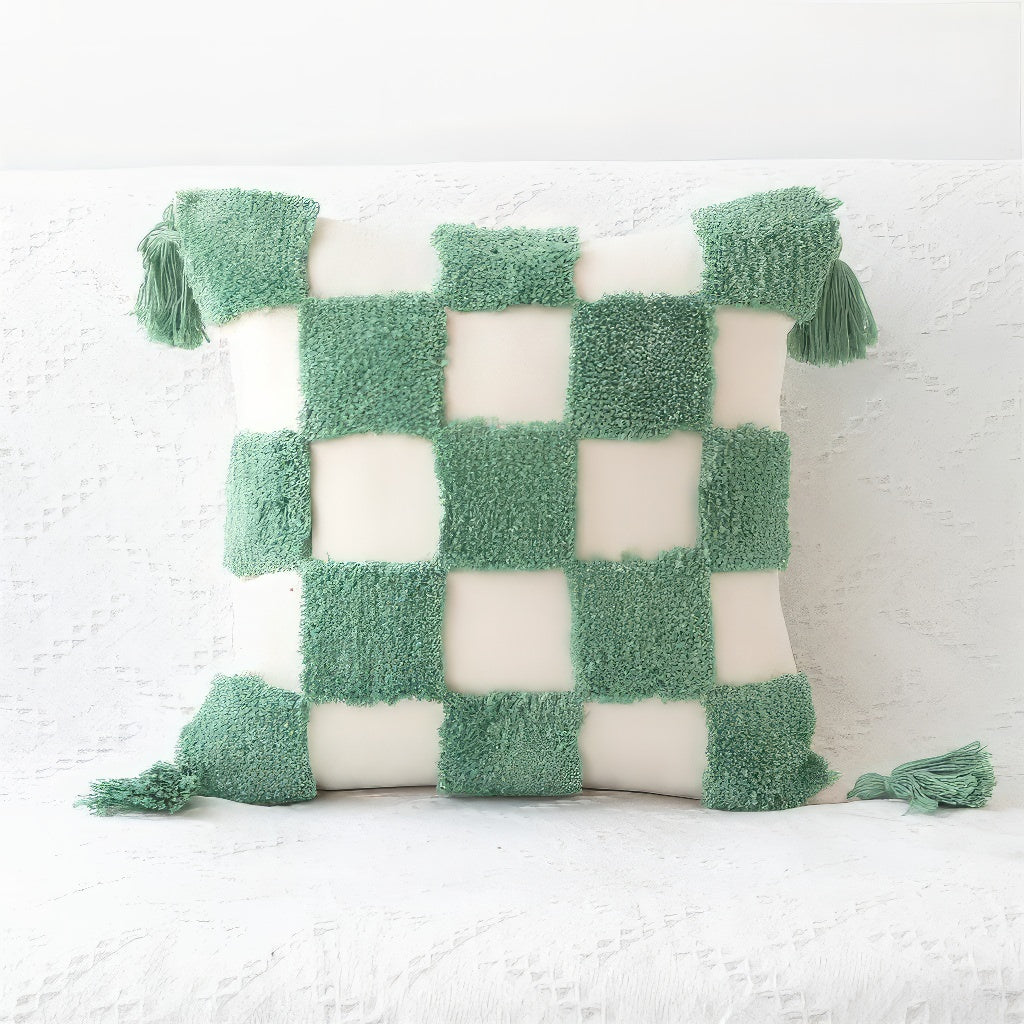Sage Green Checkered Tufted Cushion Cover