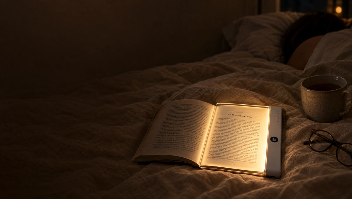 PageGlow book light glowing on the page of an open paperback in bed at night