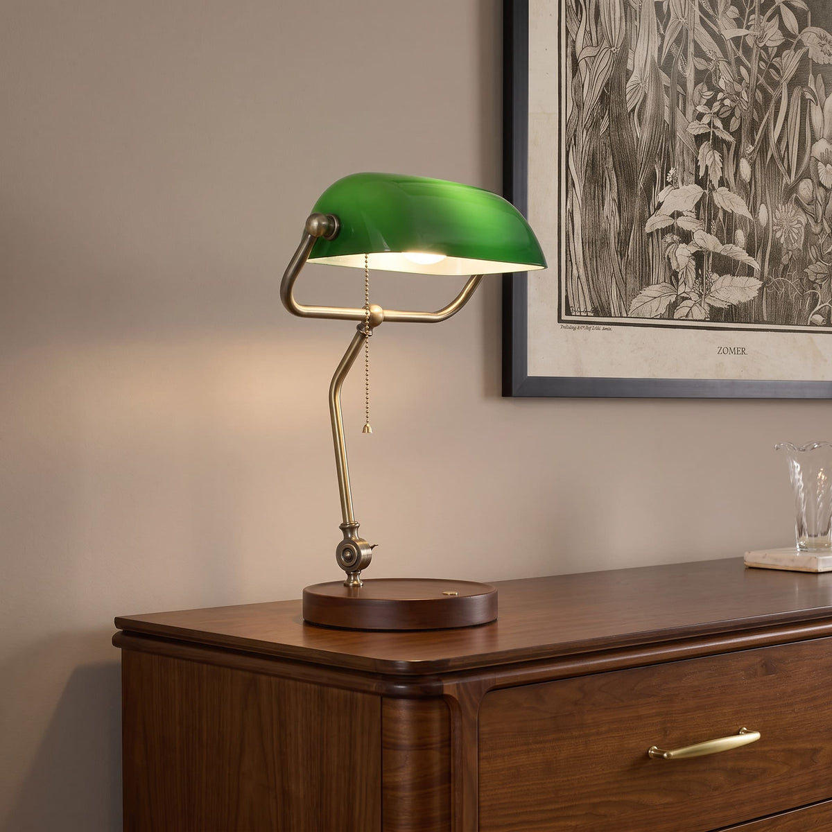Cordless Banker Desk Lamp with Adjustable Arm and Wooden Tray Base
