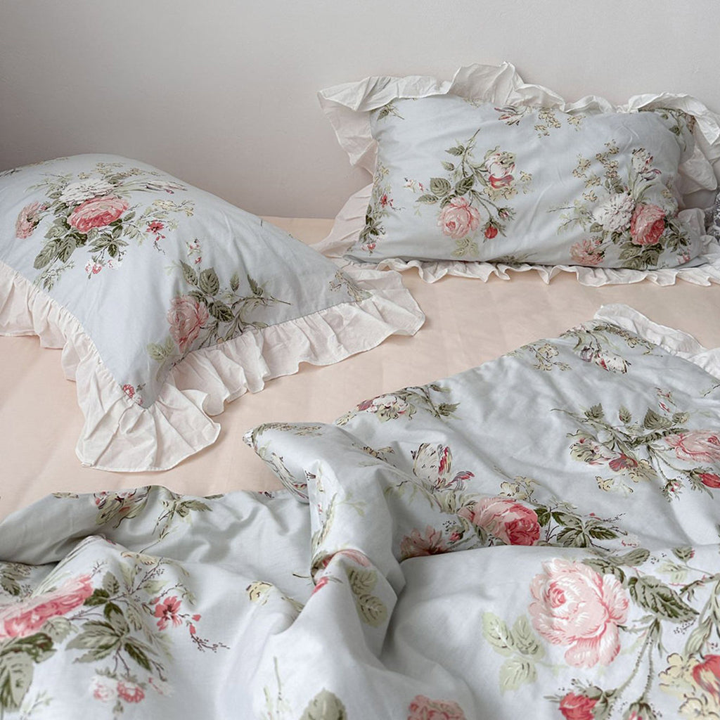 Vintage Sky Blue Cottage Roses Ruffle Summer Comforter Set