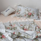 Vintage Sky Blue Cottage Roses Ruffle Summer Comforter Set