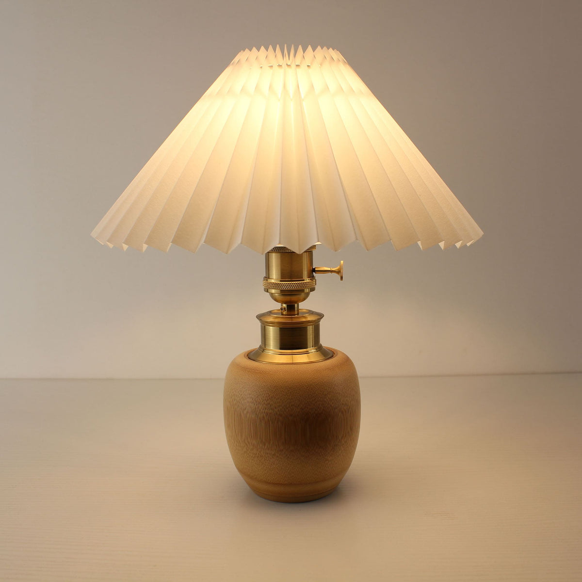 Vintage Cordless Bamboo Jar Table Lamp with Pleated Shade