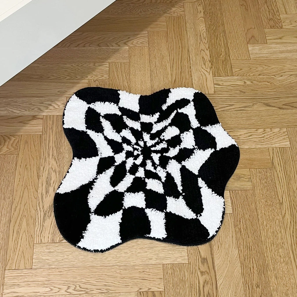 Wavy Checkered Black & White Optical Illusion Rug