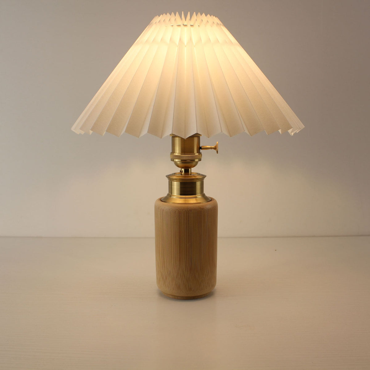 Vintage Cordless Bamboo Table Lamp with Pleated Shade