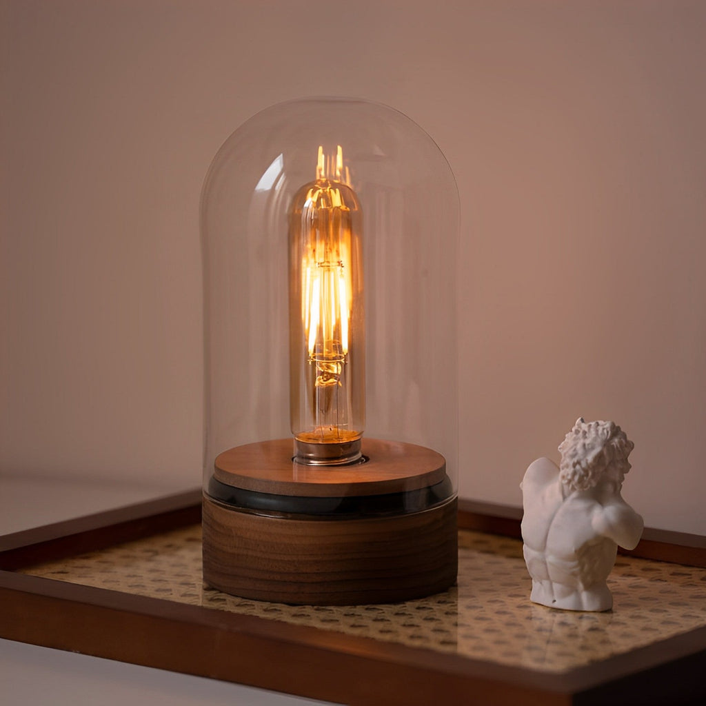 Cordless Glass Cloche Edison Table Lamp with Walnut Base for Bar & Restaurant
