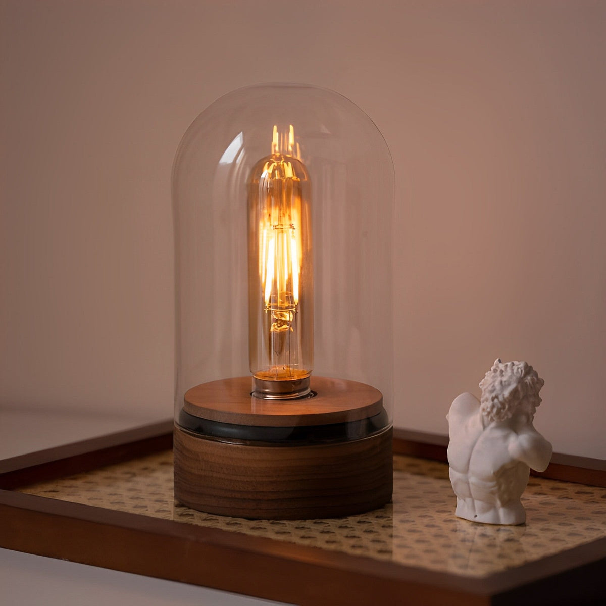Cordless Glass Cloche Edison Table Lamp with Walnut Base for Bar & Restaurant