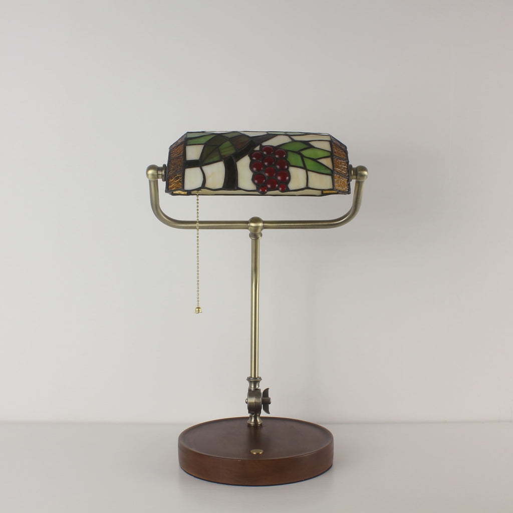 Cordless Tiffany-Style Banker Desk Lamp with Grape Stained Glass Shade
