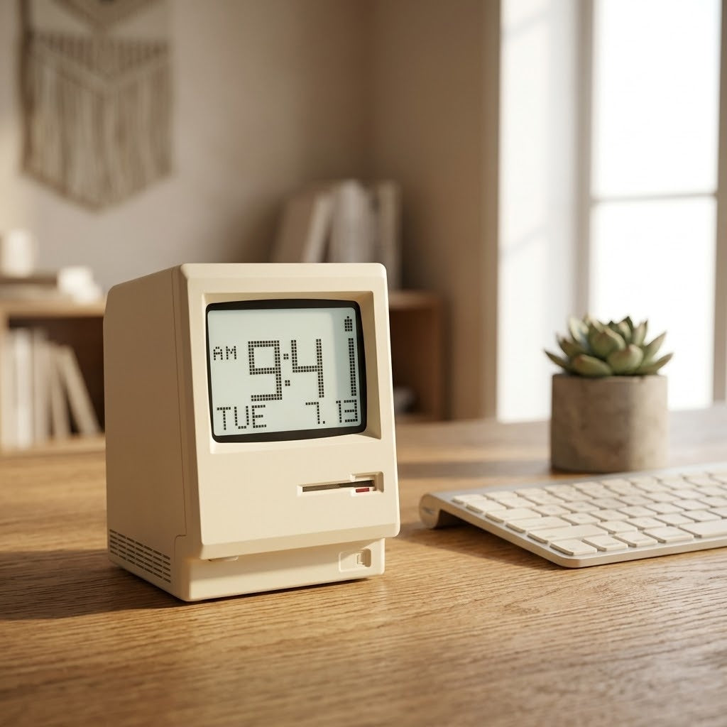PixelGlow Retro Desk Clock — Vintage Computer Alarm with Ambient Light & 60-Day Battery
