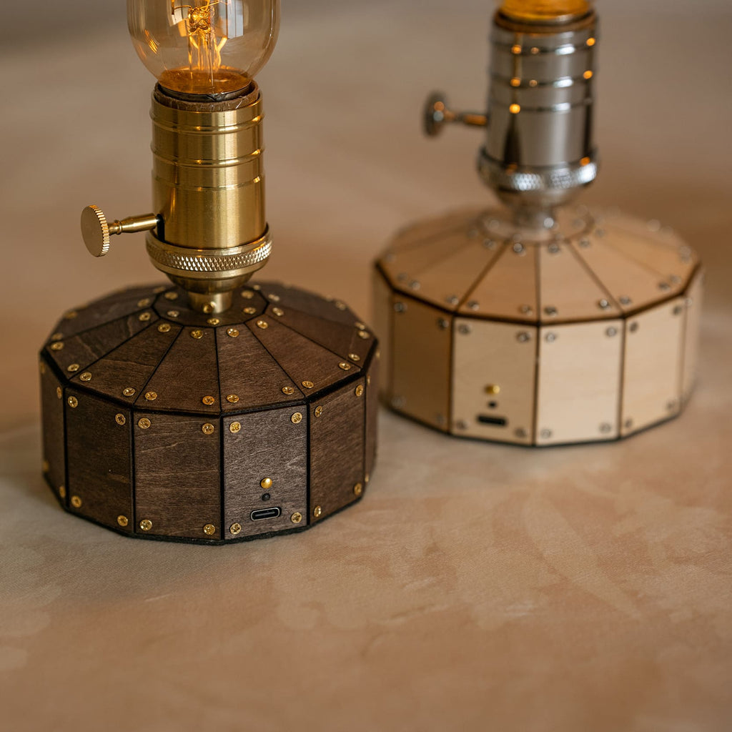 Industrial Cordless Walnut Wood Edison Table Lamp for Bar & Bistro