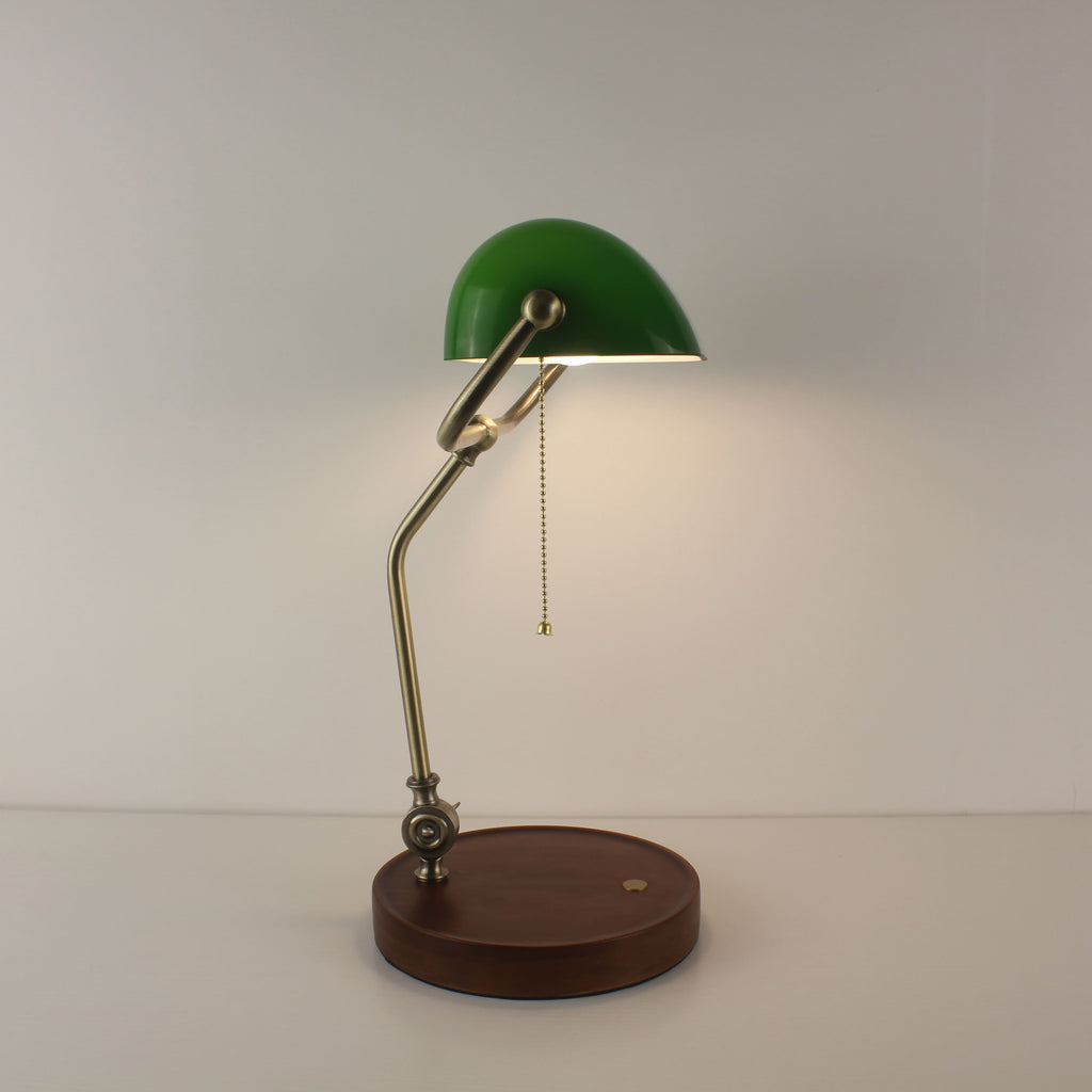 Cordless Banker Desk Lamp with Adjustable Arm and Wooden Tray Base