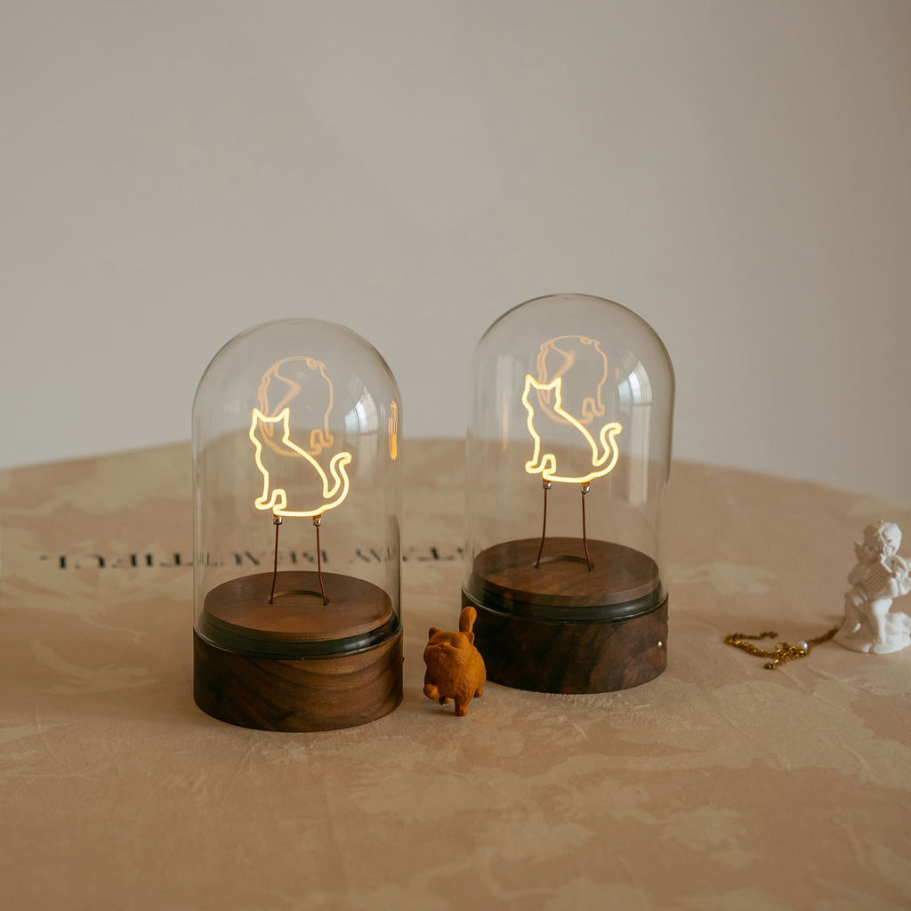 Cordless Cat Filament Glass Cloche Table Lamp with Walnut Base for Home & Gifts