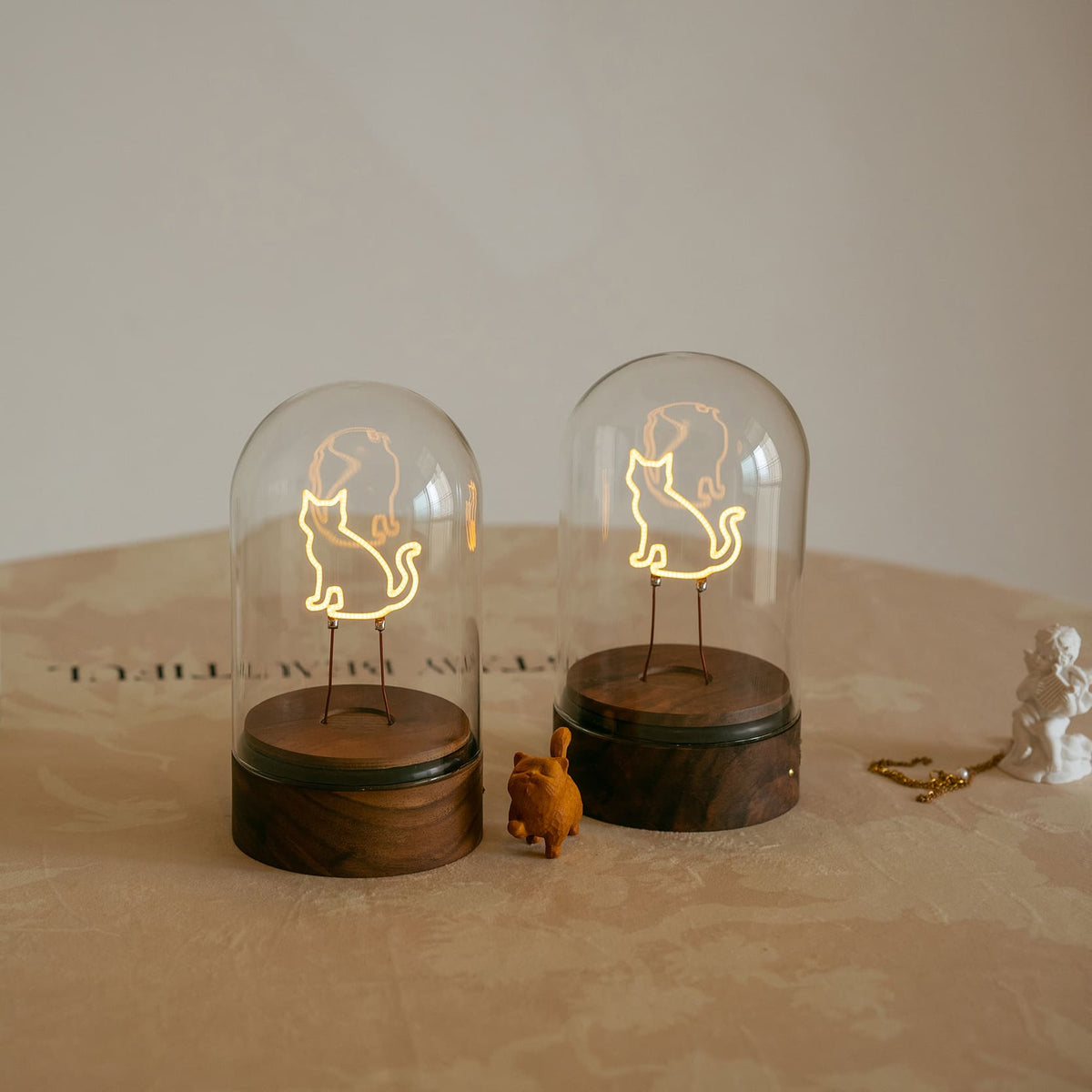 Cordless Cat Filament Glass Cloche Table Lamp with Walnut Base for Home & Gifts