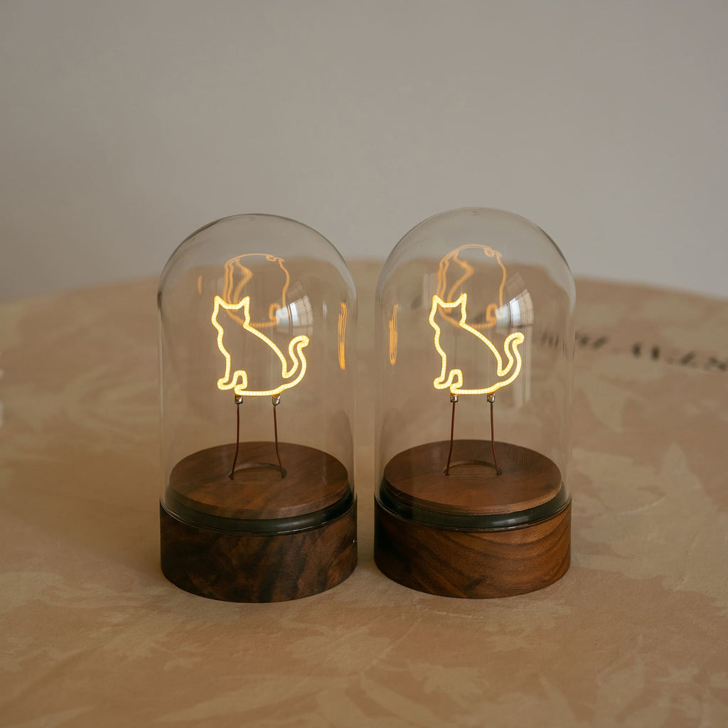 Cordless Cat Filament Glass Cloche Table Lamp with Walnut Base for Home & Gifts