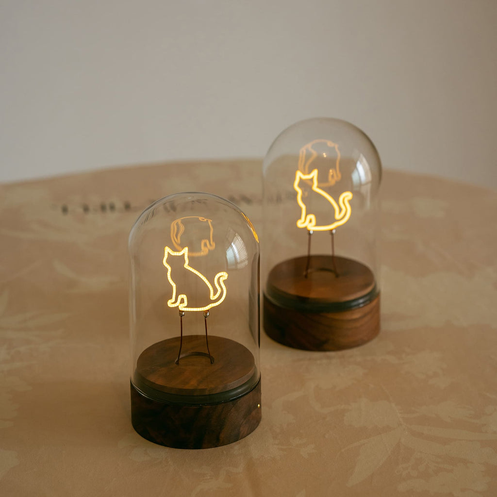 Cordless Cat Filament Glass Cloche Table Lamp with Walnut Base for Home & Gifts