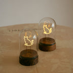 Cordless Cat Filament Glass Cloche Table Lamp with Walnut Base for Home & Gifts