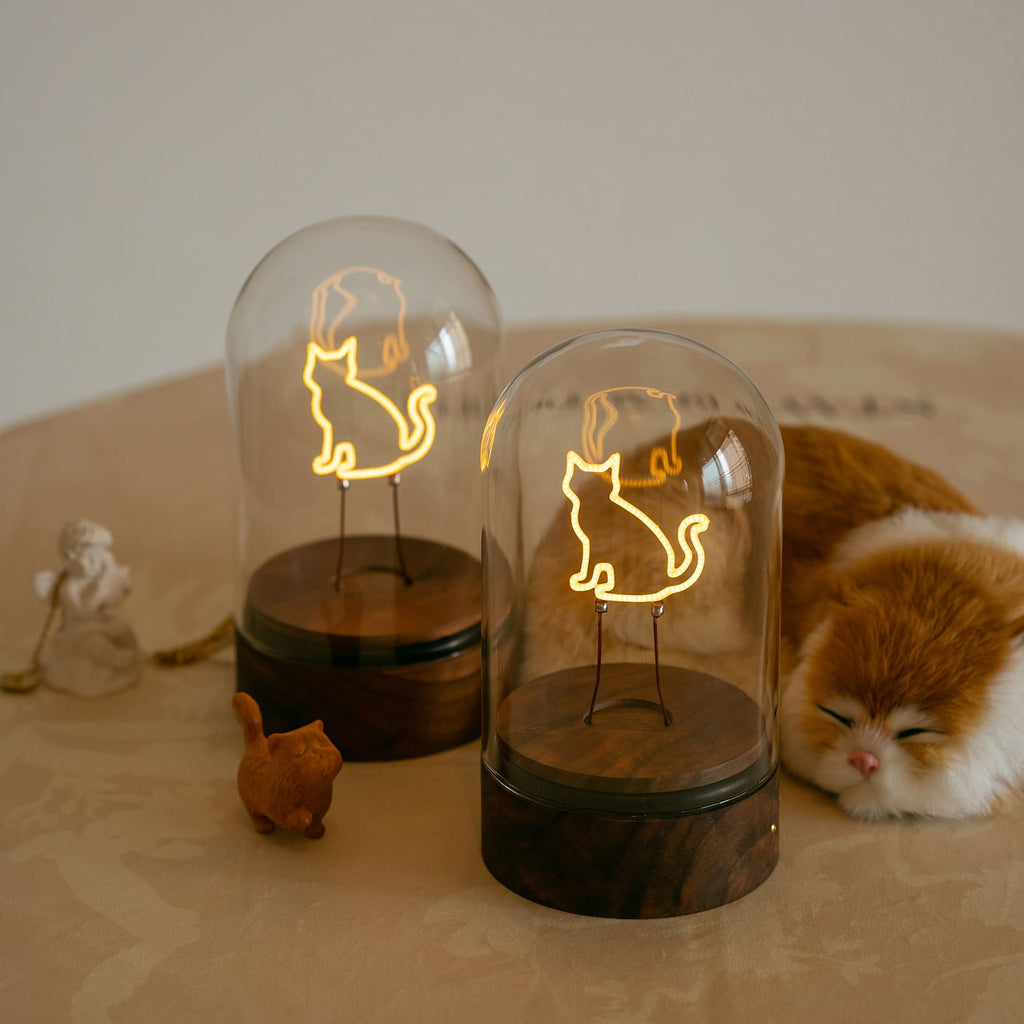 Cordless Cat Filament Glass Cloche Table Lamp with Walnut Base for Home & Gifts