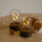 Cordless Cat Filament Glass Cloche Table Lamp with Walnut Base for Home & Gifts