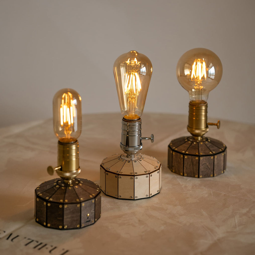 Industrial Cordless Walnut Wood Edison Table Lamp for Bar & Bistro