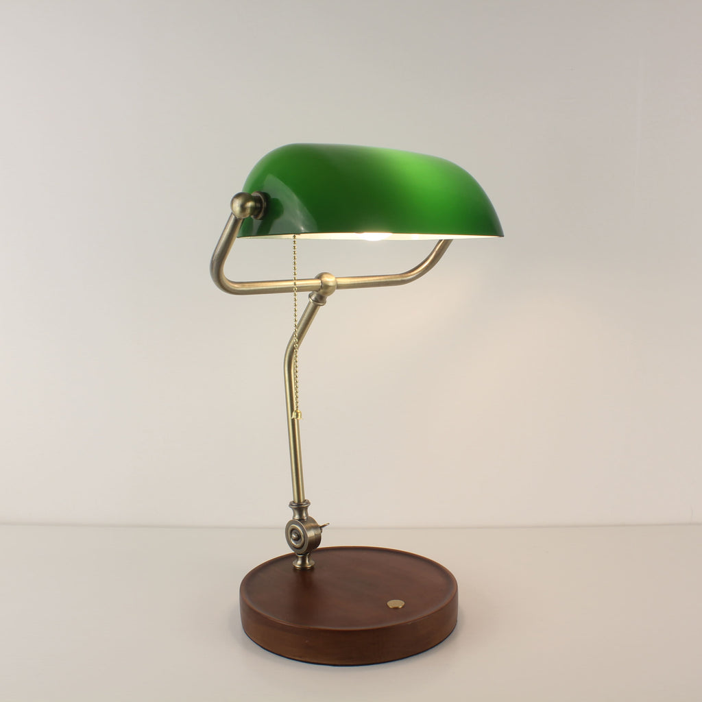 Cordless Banker Desk Lamp with Adjustable Arm and Wooden Tray Base