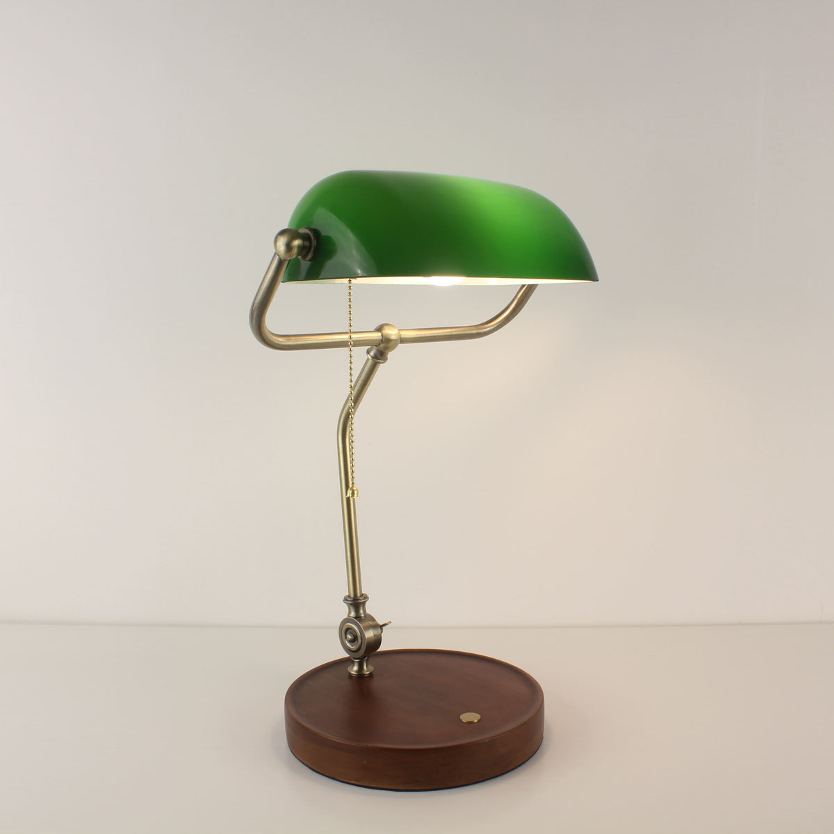 Cordless Banker Desk Lamp with Adjustable Arm and Wooden Tray Base